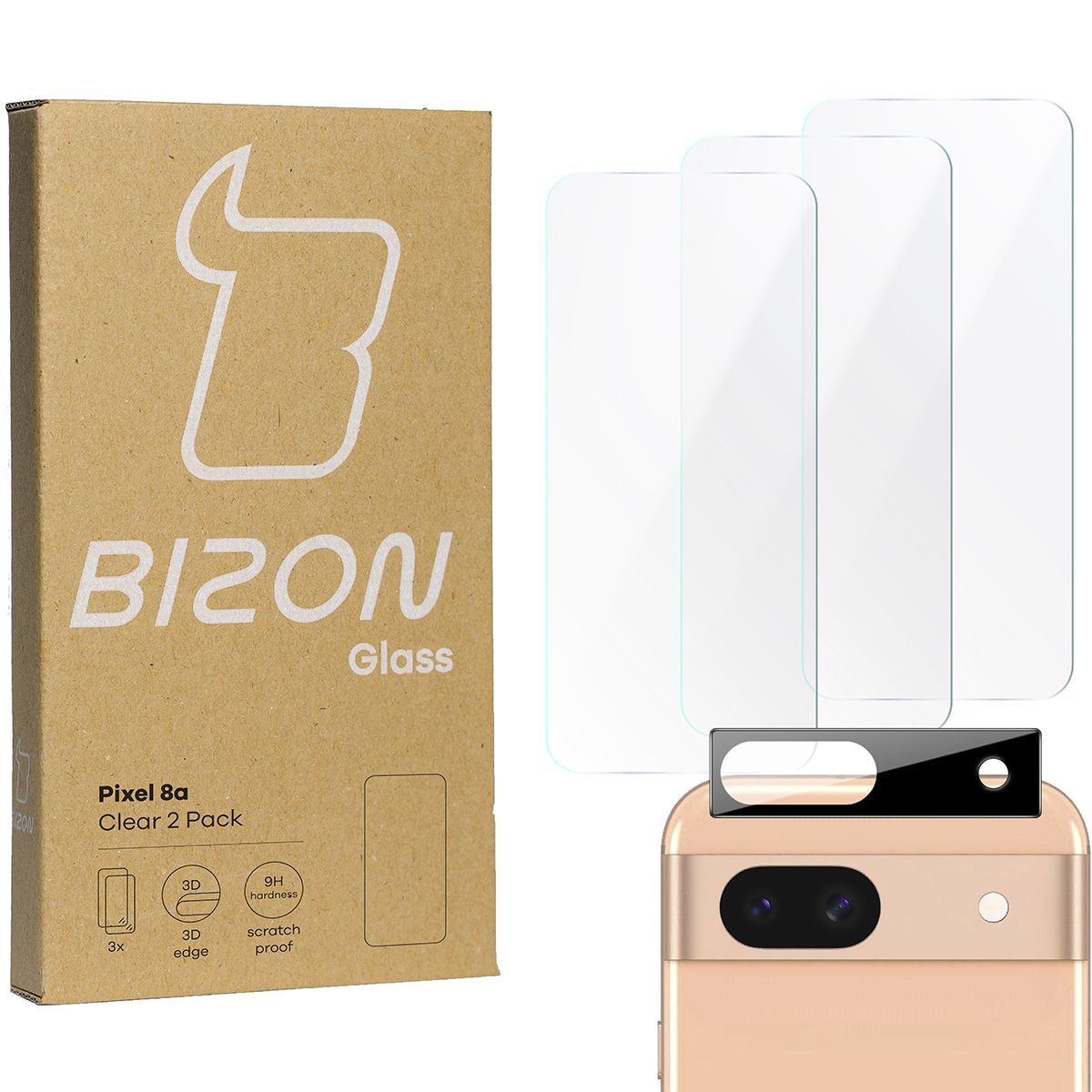 Szkło hartowane Bizon Glass Clear - 3 szt. + obiektyw, Google Pixel 8a